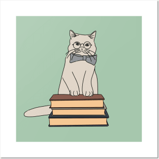 cute cat with spectacles and books digital illustration Posters and Art